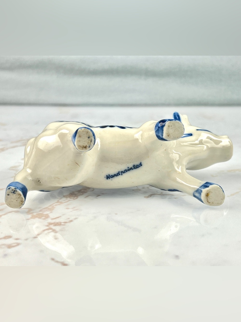 Vintage HandPainted Delft Blue White Porcelain Cow Creamer Windmill Handheld - Picture 5 of 10